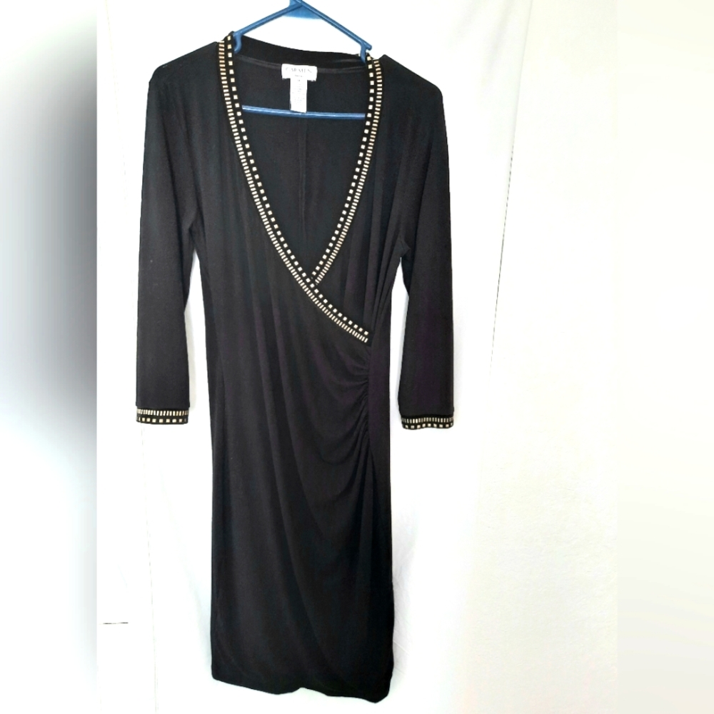 Carmen Marc Valvo Black Gold Lace V Neck Bodycon Cocktail Dress Size Meduim